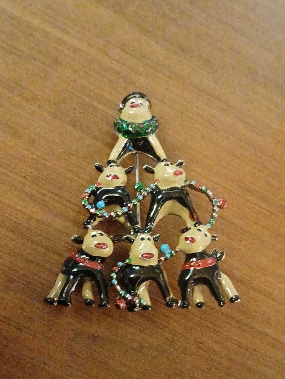 Vintage Festive Reindeer and Snowman Holiday Brooch Green, Red Christmas Tree